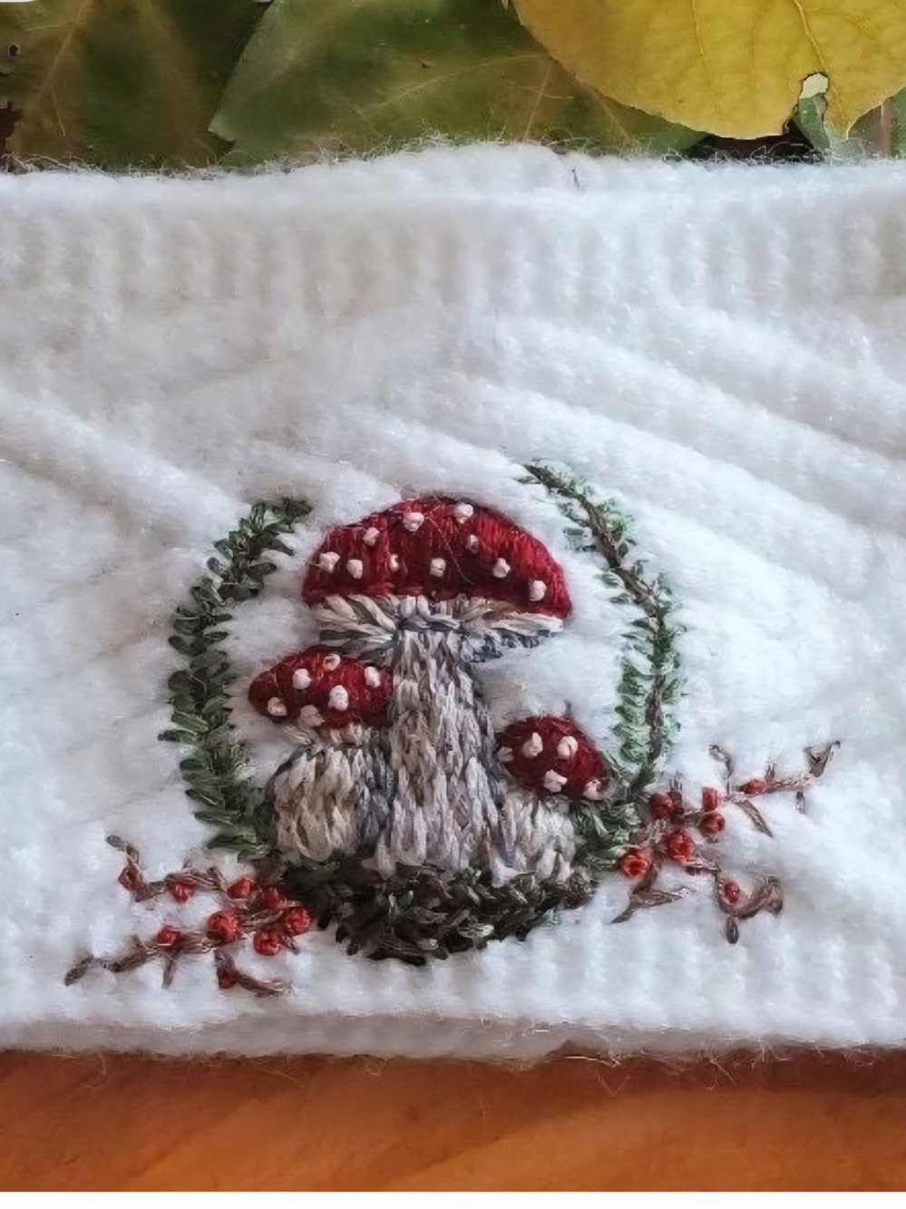C.C Womens Headband Ear Warmer with Hand Embroidered Red Mushroom Amanita